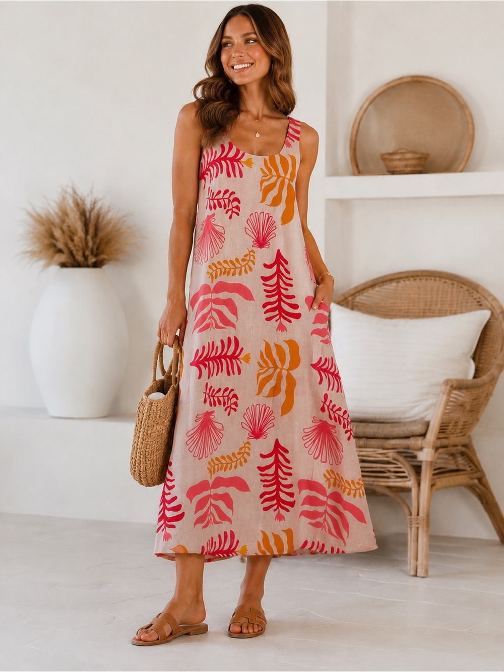 NWT Indi Luxe by Indikah Tropical Linen Blend Maxi Dress‎ Pink Orange M